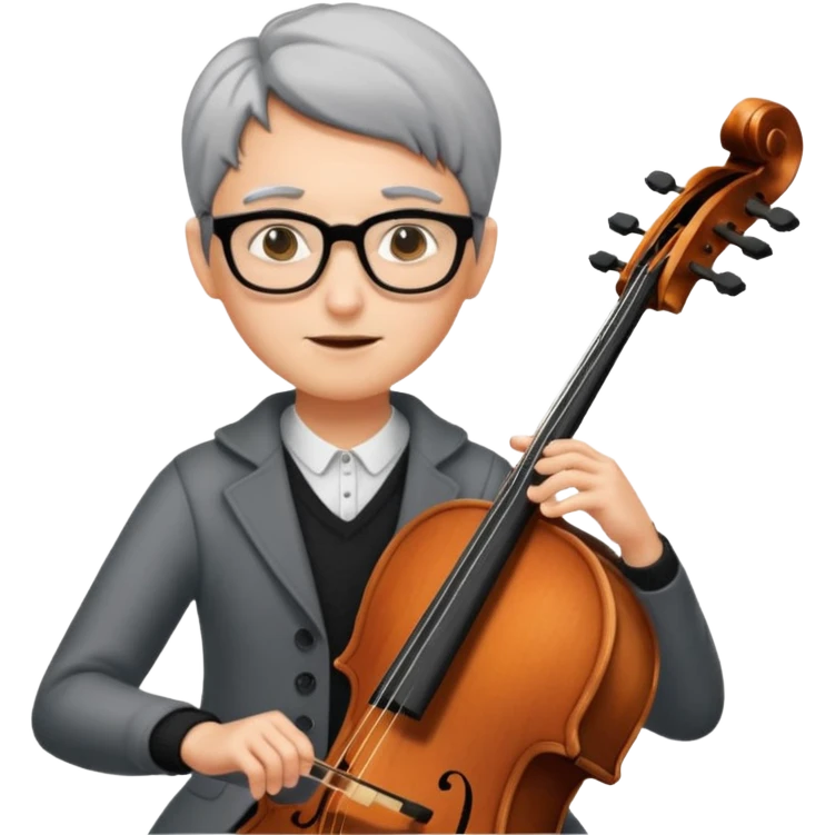 an emoji of my mum playing the cello, she has short black-ish gray hair, wears glasses, she is small emoji