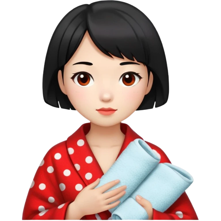 girl with black bob-cut hair, black and red dotted coat, Chinese appearance, holding a towel, looking like a masseuse emoji
