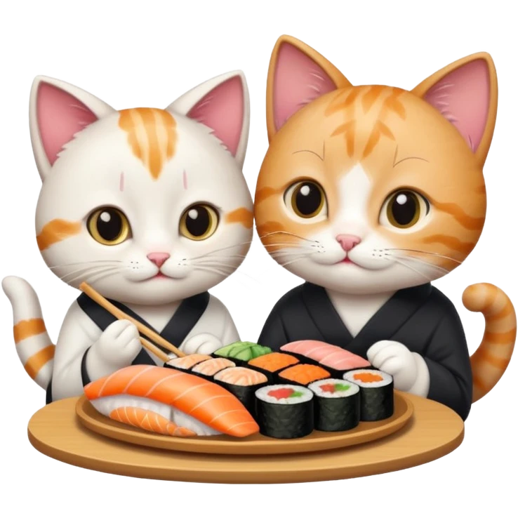 cute girl cat and a cute boy cat eating sushi together emoji