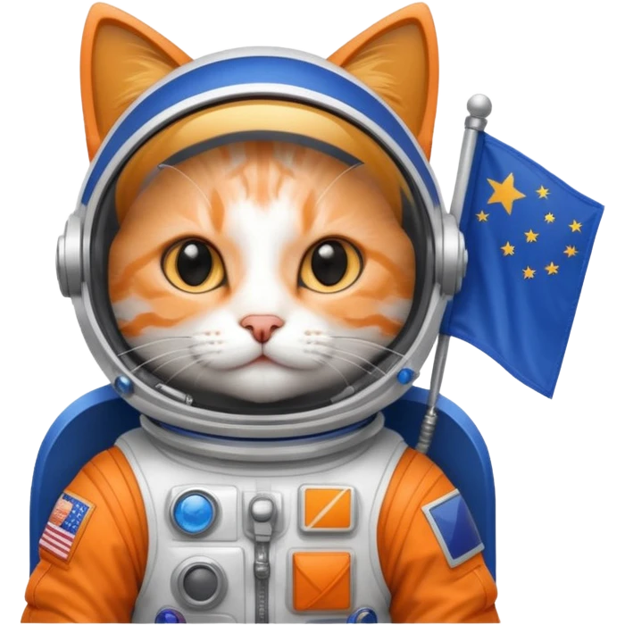 a cat in space suit, holding blue rectangle flag emoji