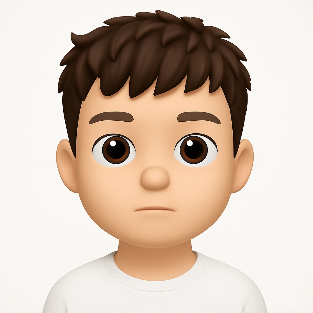 Create a 3D cartoon emoji character with a large head, big eyes, smooth skin, simple features, and a neutral face. The style should be clean, modern, and minimalistic with soft lighting and a white background. The character should be front-facing and inspired by the Apple Memoji/Pixar style as shown in the reference image. emoji