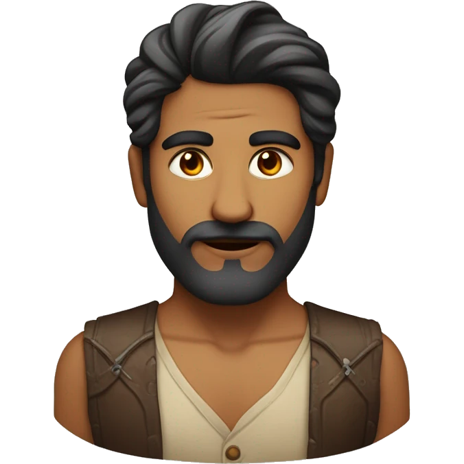 indian man with middle parted wavy hair swept to the sides, he has thick eyebrows, high cheekbones, hollow cheeks, handsome, faint mustache and some chin beard, balbo beard. emoji
