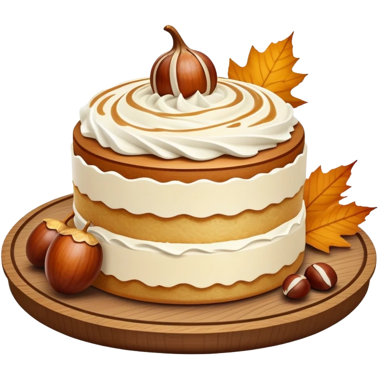 Chestnut mont blanc cake with smooth cream, golden chestnut on top, placed on a wooden tray with autumn leaf beside. emoji