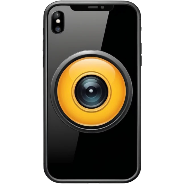 Minimalistic flat vector icon, iOS style, thin black contour on white background. Smartphone with a camera lens symbol. No text, no shadows.
 emoji