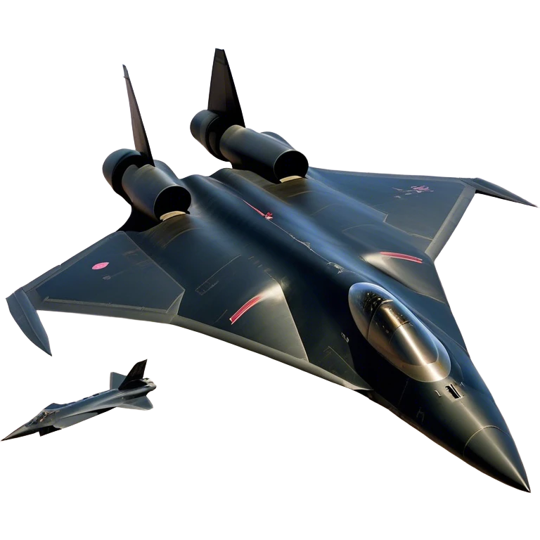 SR-71 Blackbird - Lockheed Martin (Stealth Grey) A sleek, high-speed reconnaissance aircraft with an elongated, needle-like fuselage and a smooth, aerodynamic design. The body is finished in a deep, matte jet-black with subtle panel lines and heat-resistant detailing. Its twin engines are seamlessly integrated into the structure, with sharp, swept-back wings that emphasize speed and stealth. The cockpit canopy is tinted, adding to its mysterious, high-tech aesthetic, while the overall silhouette exudes an aura of unmatched velocity and secrecy. emoji