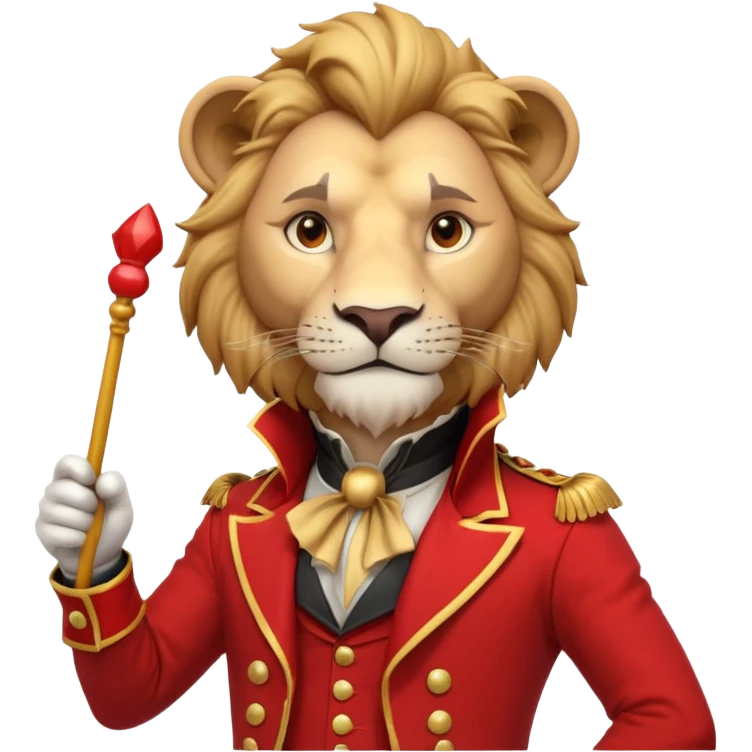circus lion tamer portrait, head and shoulders only, red ringmaster jacket collar, confident strong look, whip handle visible, 3D cartoon, mobile game icon style, clean background, no text, no watermark
 emoji