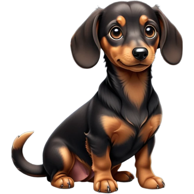cinematic-[dachshund dog]-realistic-full-body-sitting-emoji,-tail-resting-loosely-beside-its-paws,-head-tilted-dramatically,-sleek-[black and tan]-fur,-simplified-yet-realistic-focused-features,-highly-detailed,-glowing-with-an-almost-sarcastic-glow emoji