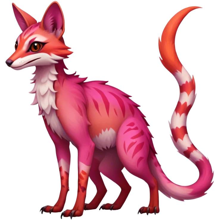 Feral Rare Fantasy dark vibrant gradient-pink-red-orange Vernid-Sergal-Genet-species by LiLaiRa, random markings, tufted ears, full body, 4 legs emoji