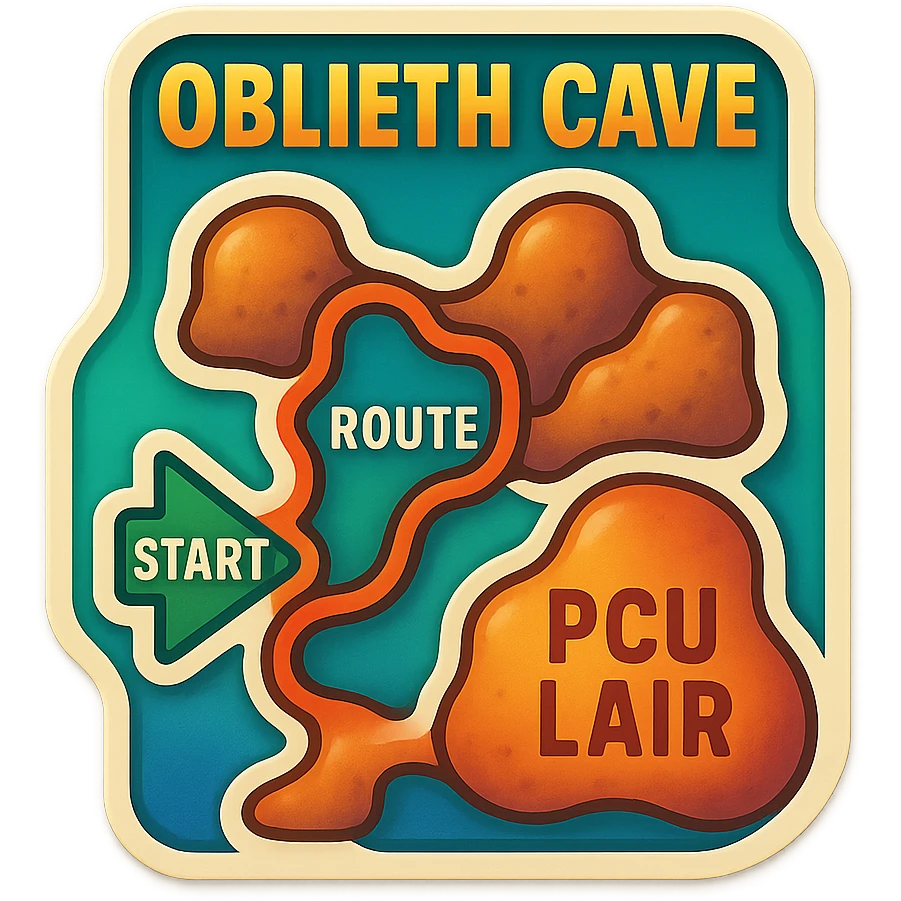 a hand drawn map of how to navigate the Oblieth cave system to find the PCU Lair emoji