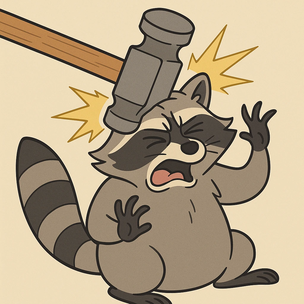 Rascal the raccoon being hit by a hammer, slapstick, simple background emoji