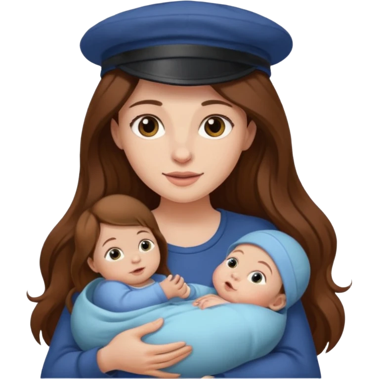 "Woman with long brown hair and fair skin holding a baby with a cap and fair skin." emoji