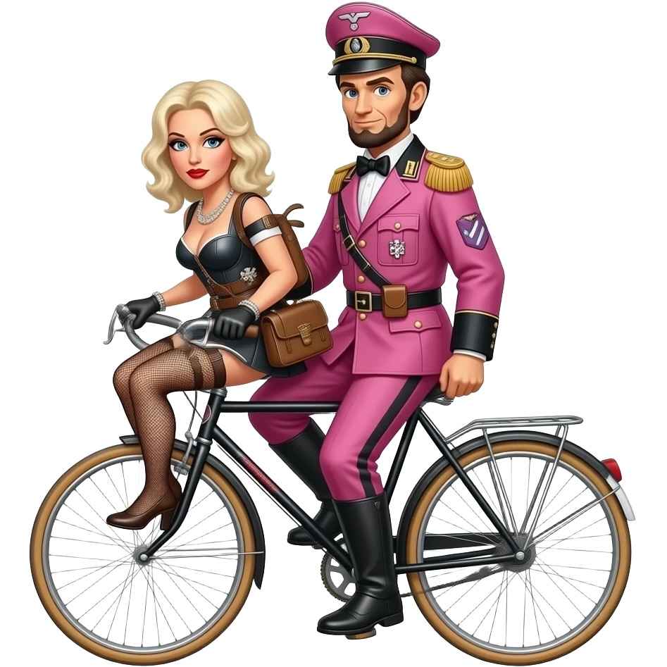 steampunk - Abraham Lincoln in a pink German World War II uniform rides Madonna in SM gear on a vélocipède emoji