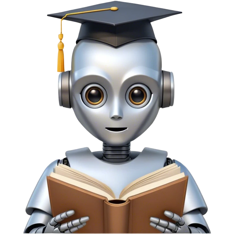 artificial robot reading a big book with graduation head emoji