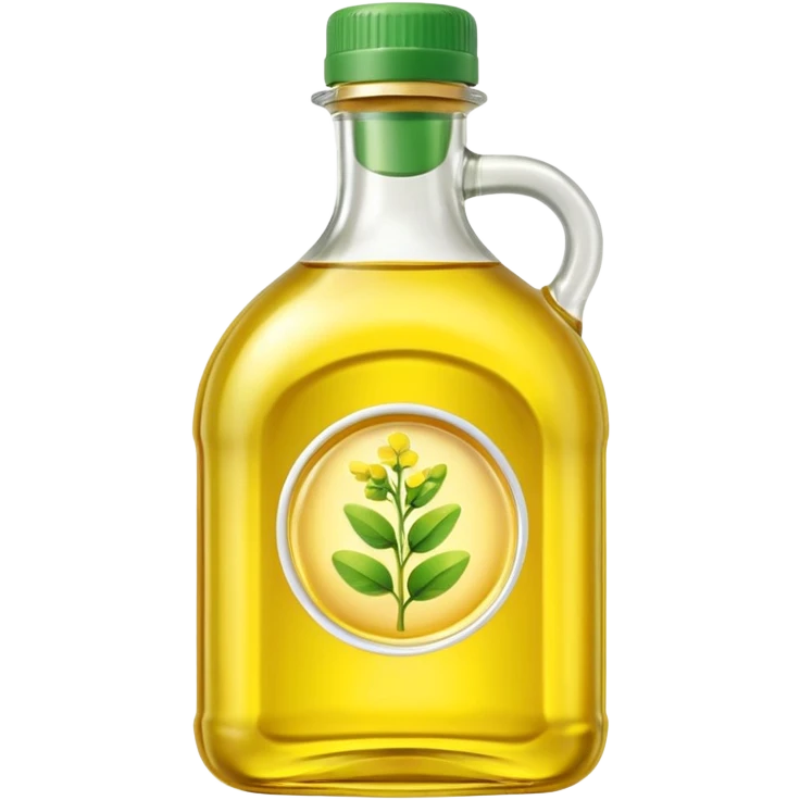 realistic canola oil bottle transparent with pale yellow oil, simple curved or rectangular shape, green or neutral cap, no branding, light clear smooth oil with soft golden glow, no label, clean 3D style, soft lighting, emoji scale emoji