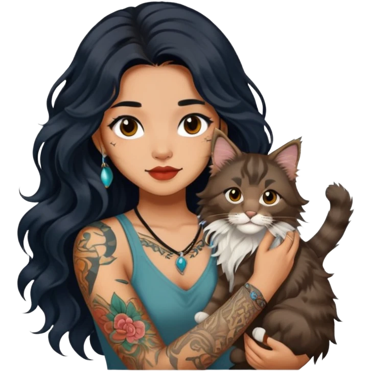 a Chinese girl with long black  Big waves and long hair and tattoos and brown Maine coon emoji