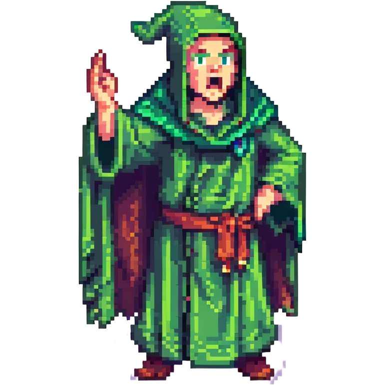 8-bit pixel art wizard yelling, green robe, dramatic pose, pixel art style emoji