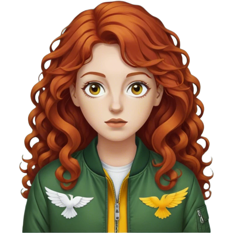 white female with long curly red brown hair, white pieces of hair at the top and in the front that frame her face, thinner eyes with a small wing eyeliner, wearing a dark green bomber jacket with a yellow long sleeve underneath  emoji