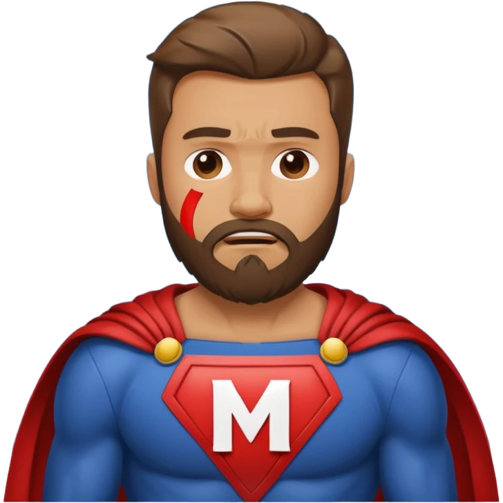 бородатый мужчина в костюме супер героя с буквой М на груди плачет emoji