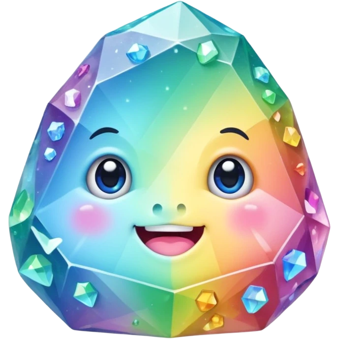 A single pastel rainbow crystal rock character, chubby and heavy with a chunky, irregular polygon shape,covered in faceted crystal planes and small chips, big glossy rainbow eyes and a small smiling mout emoji