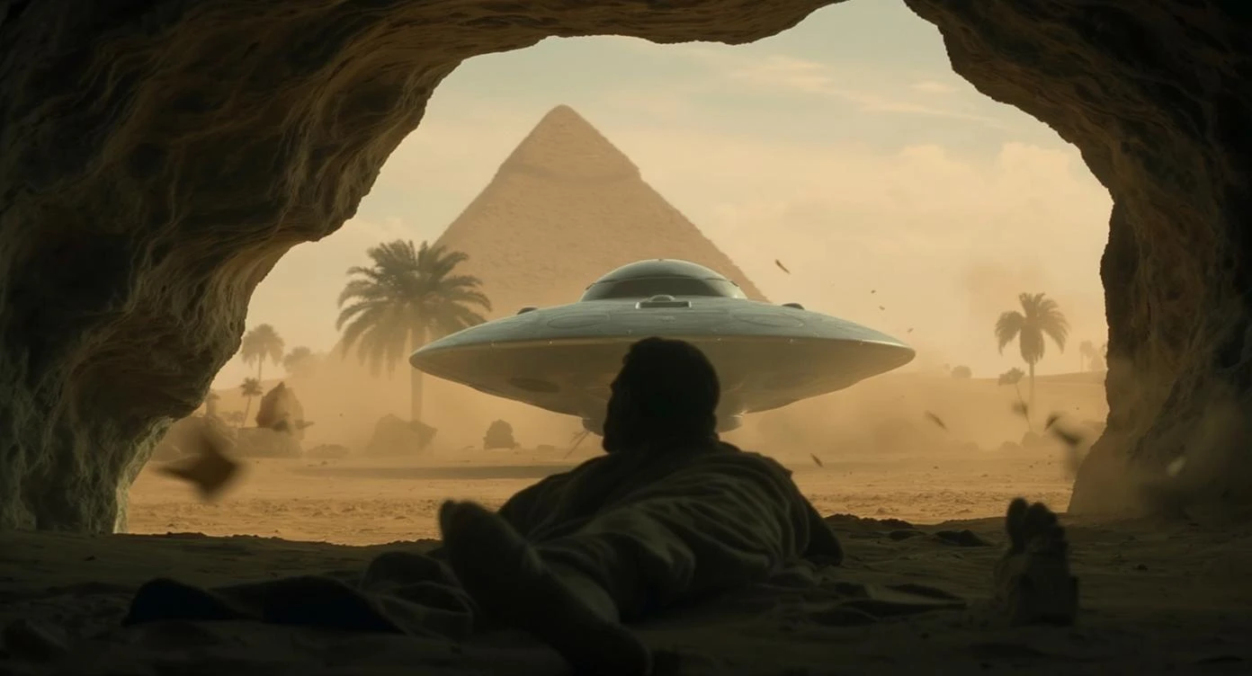 cinematic still, documentary photography, acient egypt, back shot of a man dress in ancient clothes in cave (frame in frame effect) on ground laying front of small ufo starship, sand flying around, palms, dynamic scane, leading lines, captured by arri alexa, depth layers, piramids in babckground emoji