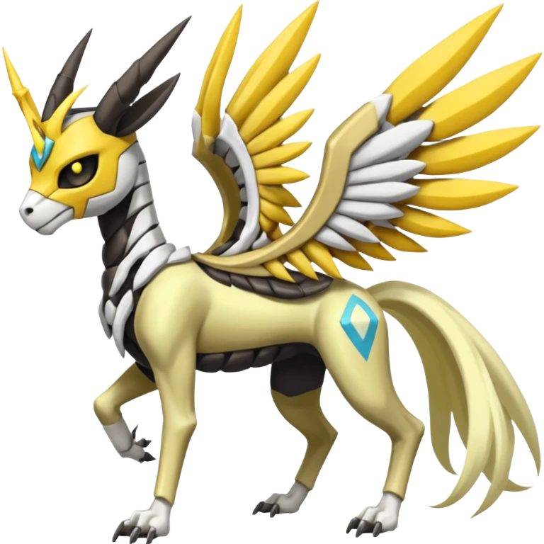 Colorful Skeletal masked armored Meloetta-Manectric-Solgaleo-Raikou-Pokémon-Digimon-Fakémon-fusion-hybrid-creature, full body emoji