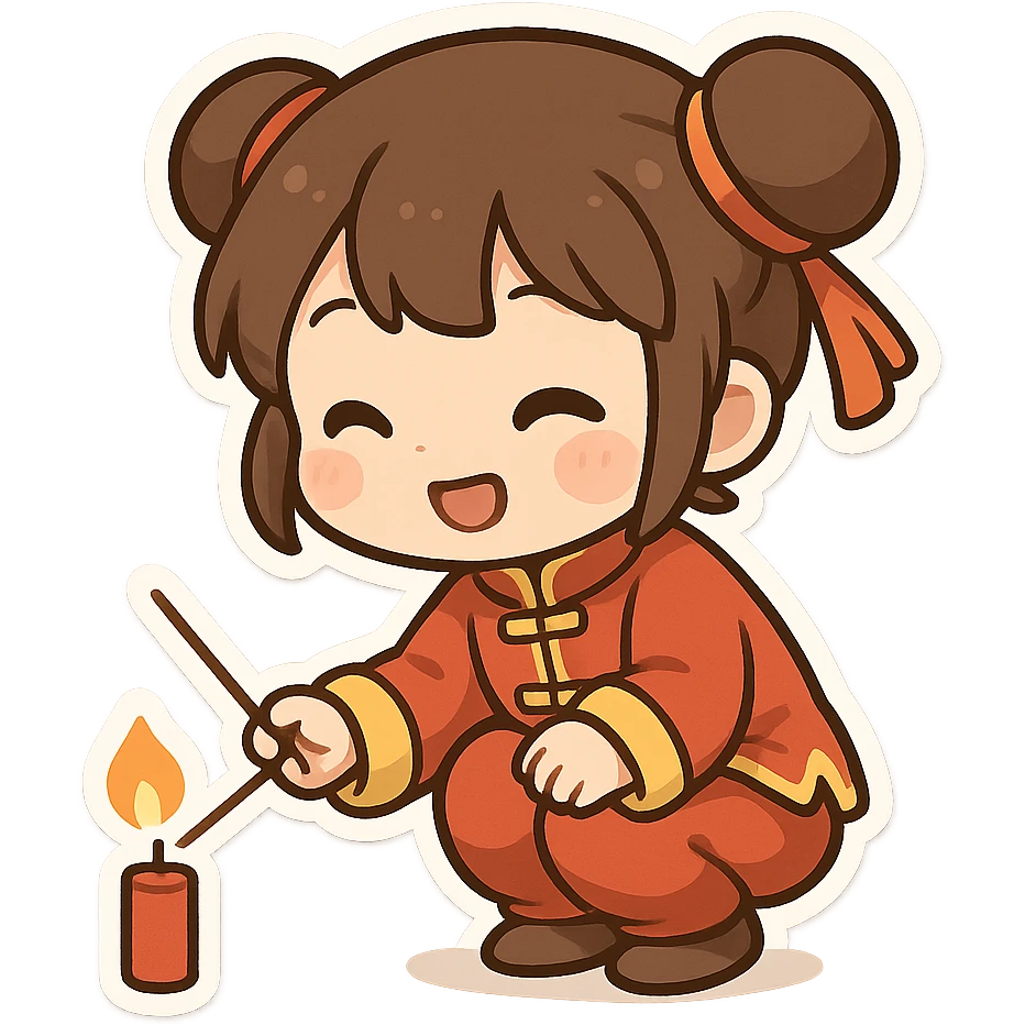 一个可爱的小女孩身穿着新年服装，蹲着点炮竹 emoji