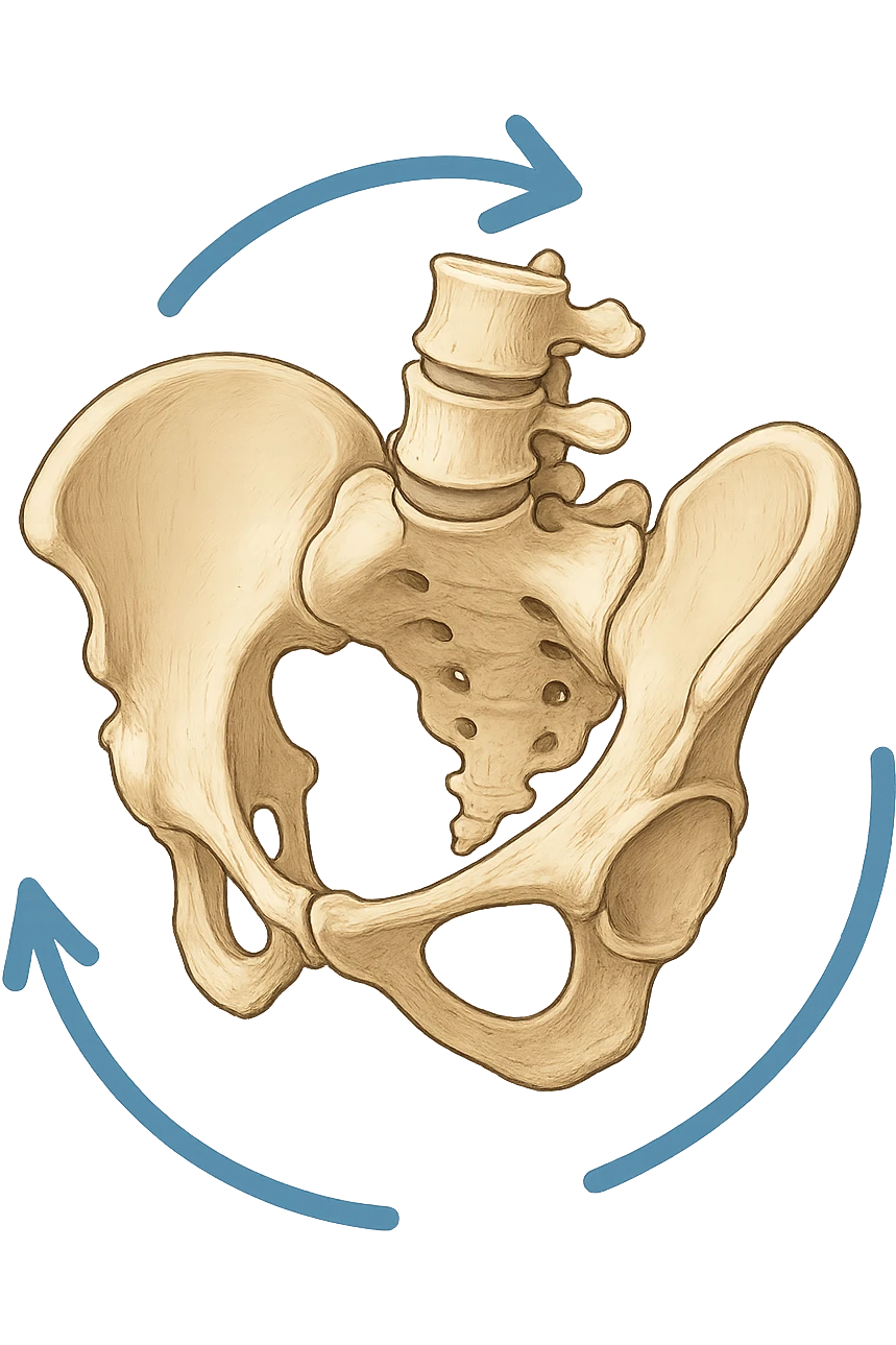 Bacino anatomico ruotato in senso orario con le frecce per far capire emoji