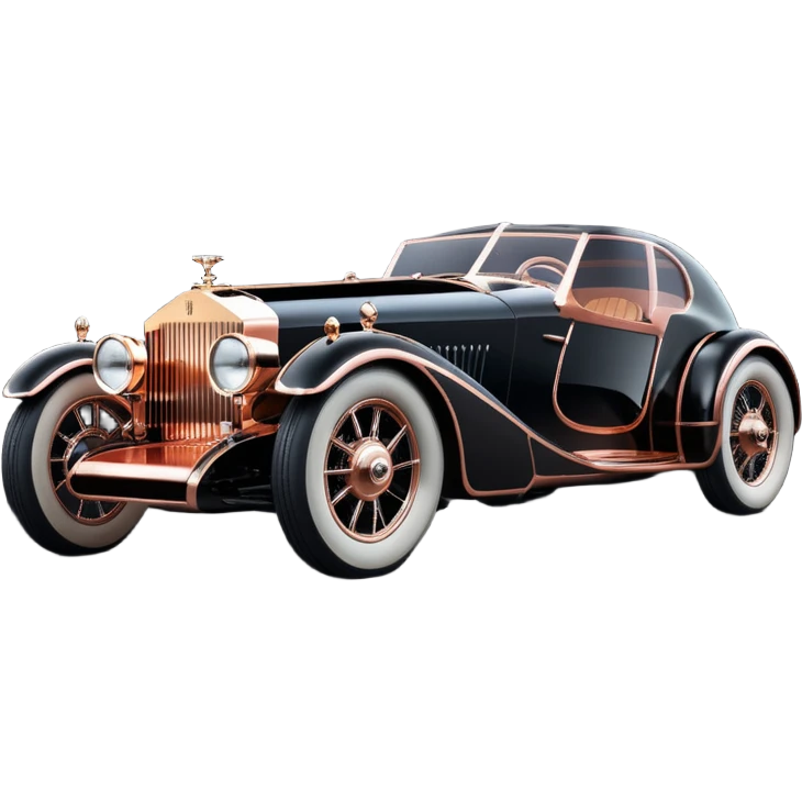 Dark black Bare bones streamlined sporty (stripped down) hot rodded engine rose gold sports car 1932 Rolls Royce Woody futuristic electric spaceship plasma neon glowing motors and lightening dynamos with wide racing wheels that are held strong by advanced suspension and steering emoji