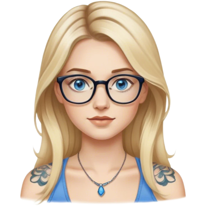 Hyper Realistic glamourous model, pale woman, long blonde balayage hair, blue eyes and glasses, shoulder tattoo  emoji