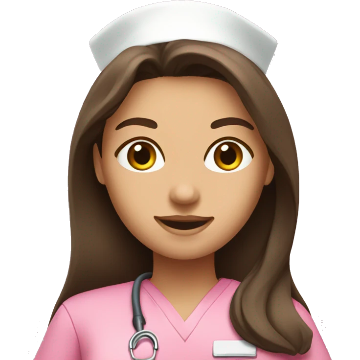 Nurse, woman, long brunette hair, pink scrubs emoji