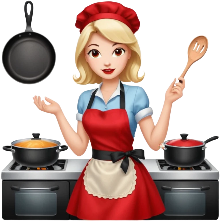 pinup girl in dress and stocking while cooking emoji