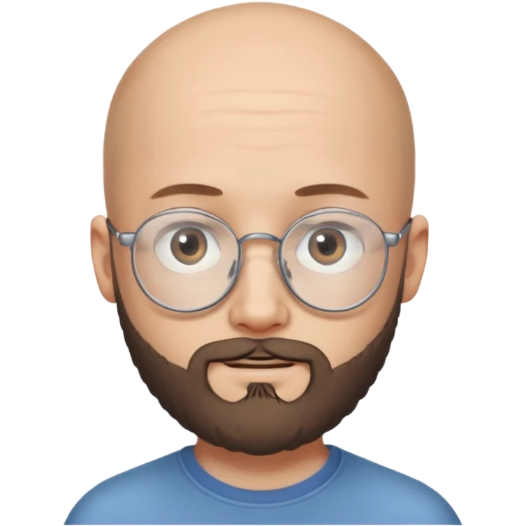 молодой парень 18 лет, лысый, с густой бородой и очень тонкими очками. У него серые глаза, и он выглядит как ребенок, несмотря на свой возраст. emoji