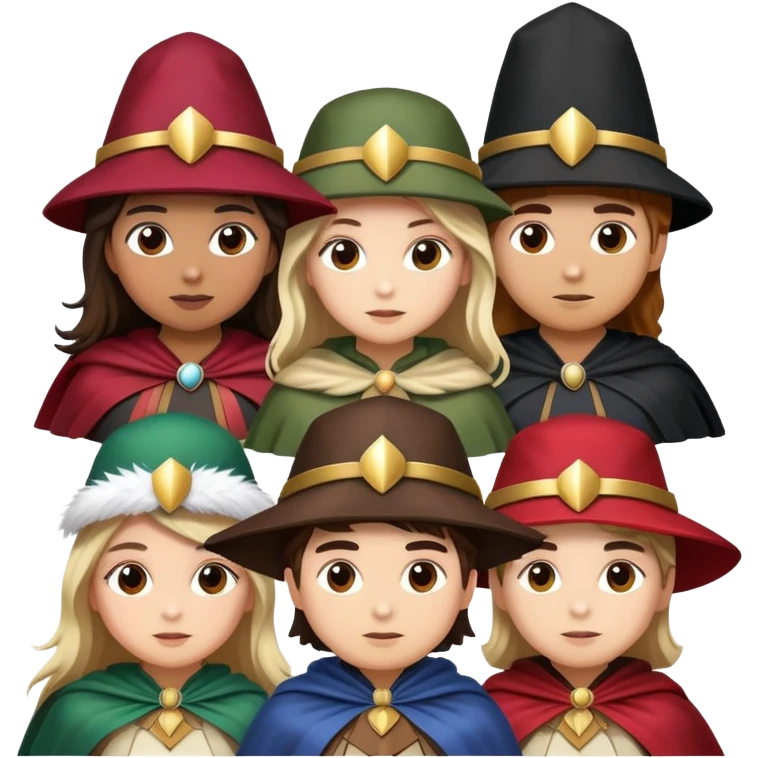 3 girls and 1 guy as the 4 musketeers with feathered hats and capes emoji