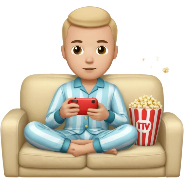 male memoji, in pajamas, sitting on couch, holding TV remote controller, relaxed face, casual home vibe, popcorn bucket on couch emoji