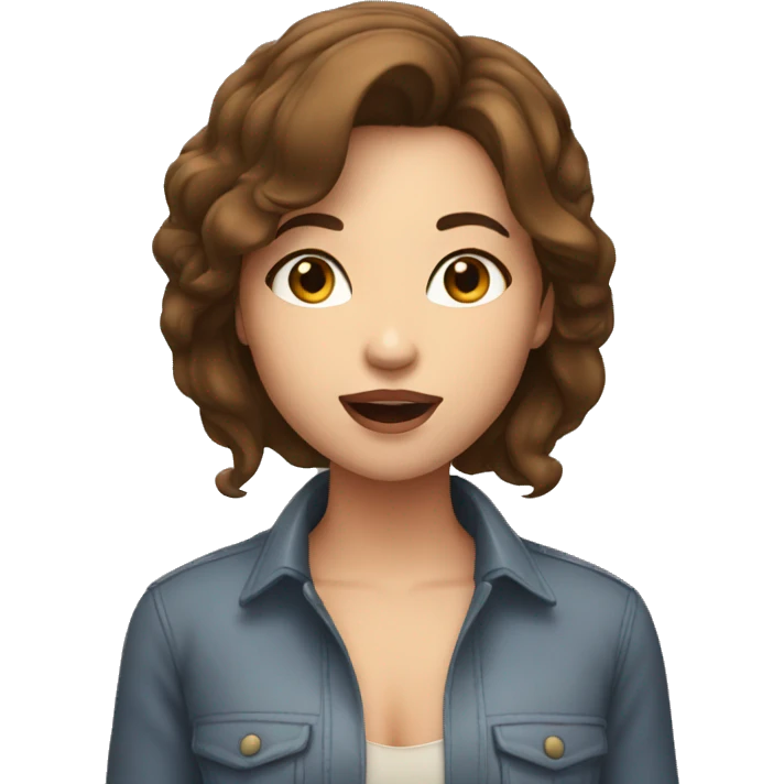 A girl with middle short brown hair and nude lips singing emoji