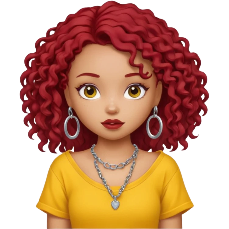 generate a pretty bratz girl with an oversized yellow tshirt falling off her shoulders, wearing a silver dainty necklace, curly dark red hair emoji