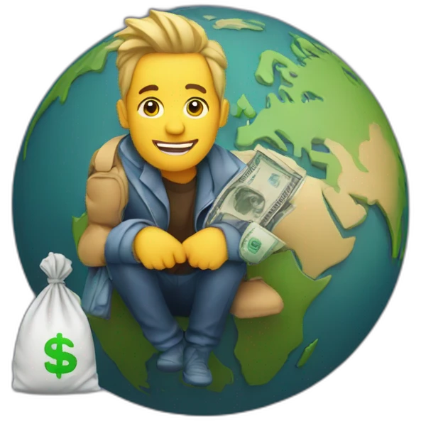 man sitting on globe with money bag emoji