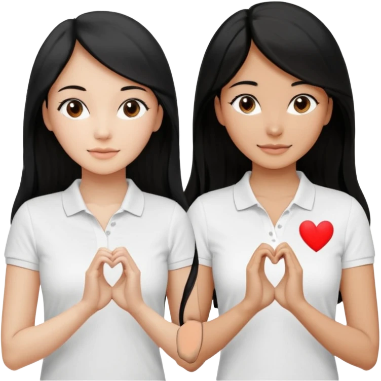Dos mujeres juntas que una sea de color trigueña y de color blanca, cabello largo negro sea la de piel blanca y la de piel trigueña cabello castaño raya en medio, tengan polo blanco y que hagan un corazon una con la mano izquierda y chica con la mano derecha emoji