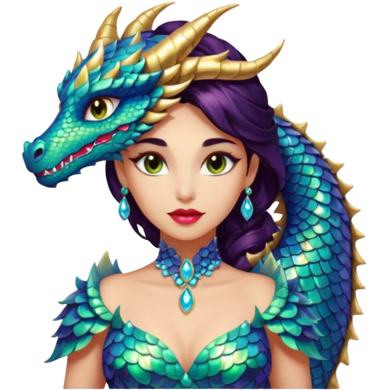 Am amazing blend of a half dragon woman with glittering jeweled scales covering her body. She has large almond shaped eyes, lush lips, and she wears a stunning luminescent gown. emoji