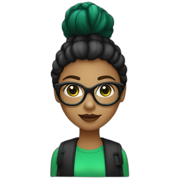 une fille avec de long cheveux noir lisse , des yeux vert , et avec des lunette (en forme de carrer un peu déformé) assez grosse comparer a ça tête , portant un pull noir emoji