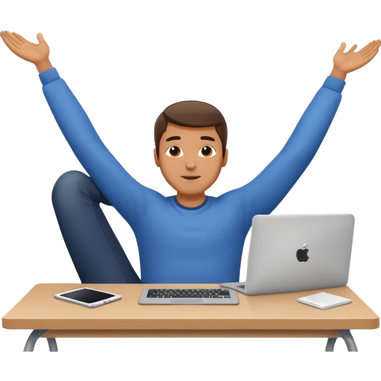 man with legs up on desk, relaxed, hands behind head emoji