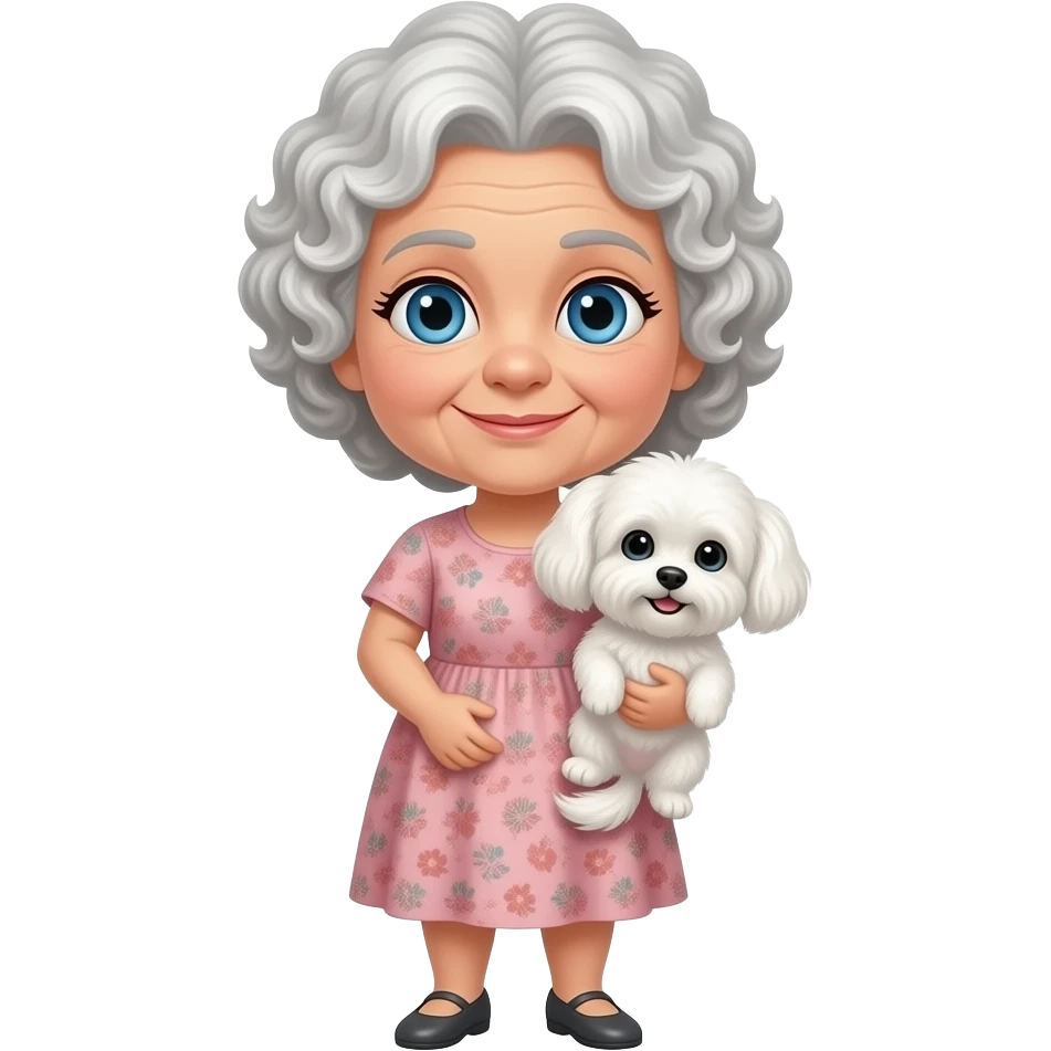 Elderly woman blue eyes very curly hair with maltese dog emoji