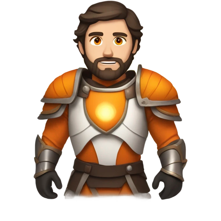 Confident White Man with dark brown hair and a short beard wearing large orange plate armor and glowing orange eyes that have orange smoke coming out of his eyes emoji
