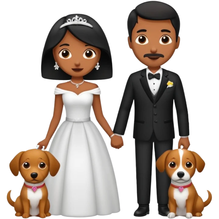 Pareja de novios, pelo negro ambos, y con dos perritos pincher en brazos emoji