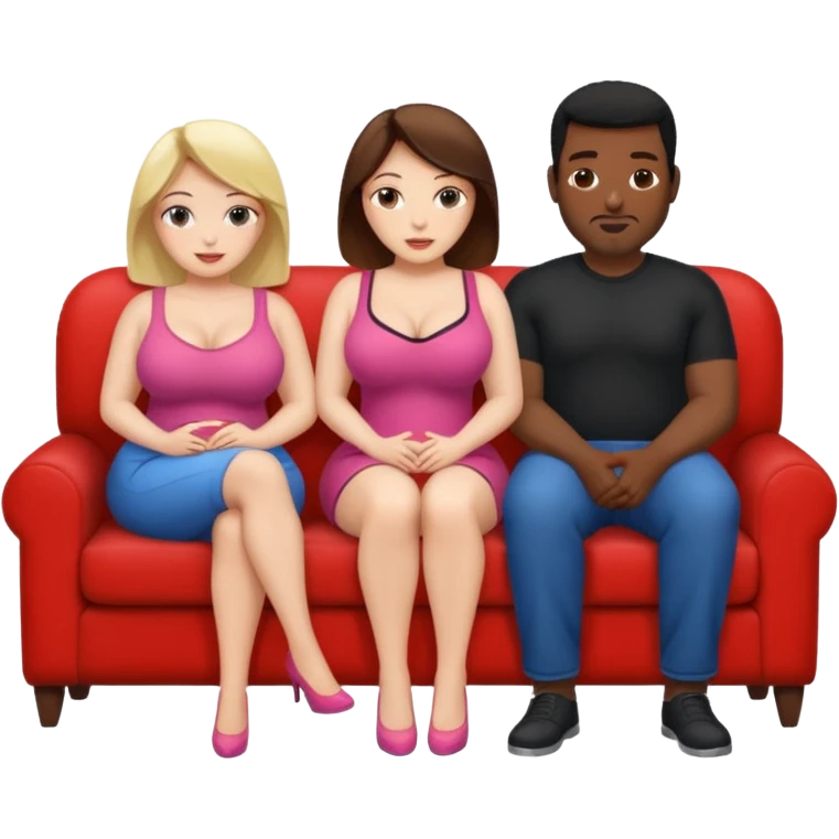 couch, naked people sitting: big breasts female, 2 black males emoji