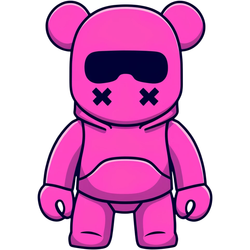Cool Bearbrick toy wearing a pink balaclava with KAWS signature X eyes visible through the mask openings emoji