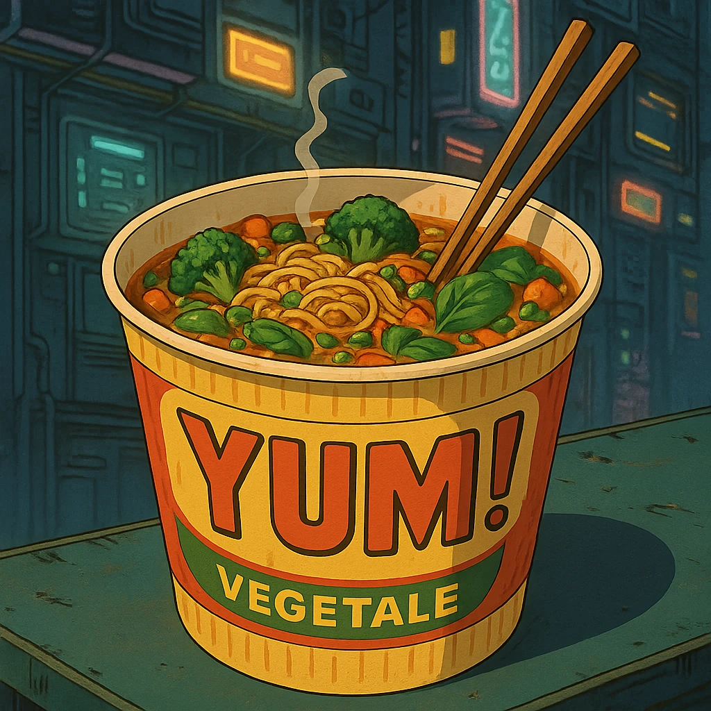 cyberpunk futuristic, scifi, a bowl of delicious veggie , ramen, 1990s, paper cup, classic style branding, with chopsticks, empty background, brand name: YUM! emoji