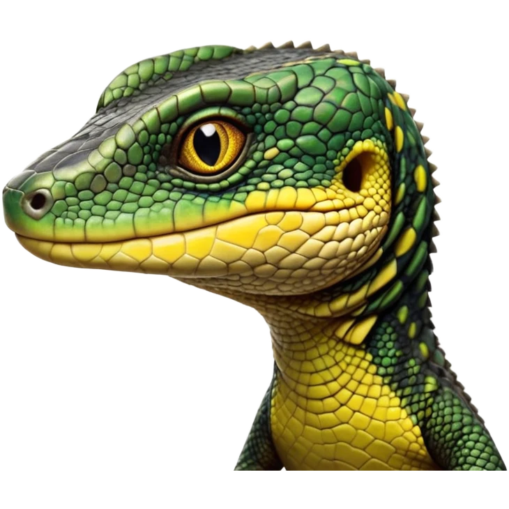 cinematic-realistic-cute-monitor-lizard-portrait-emoji,-head-tilted-playfully-and-inquisitively,-featuring-a-compact,-agile-body-with-finely-detailed,-glossy-scales-in-earthy-black and yellow-hues-and-a-distinct,-alert-face-with-bright,-curious-eyes, black , yellow spotted and green band  scales and a slender neck emoji