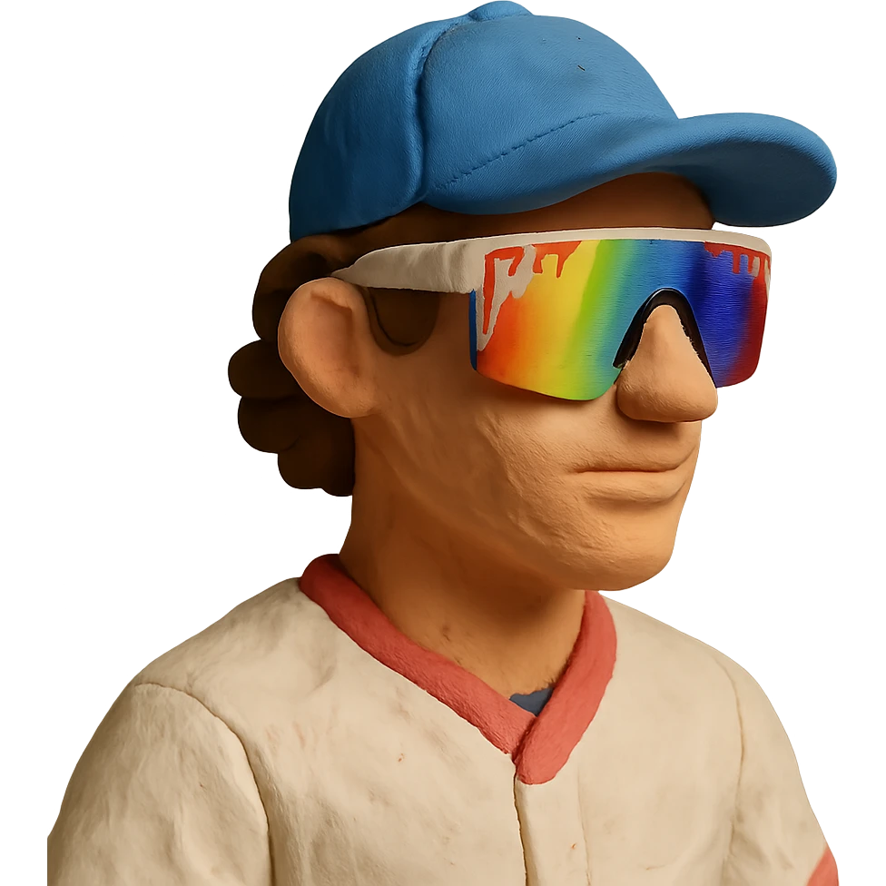 claymation style baseball player with brown hair, no beard, baseball cap, and Pit Viper sunglasses emoji