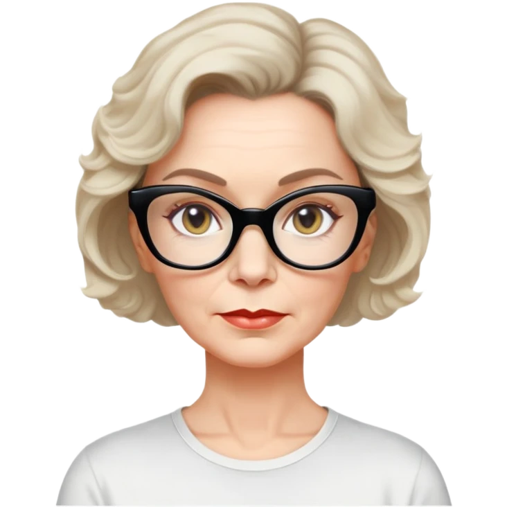 white woman about 50 years old with light warm skin, wavy black neck-length 80s short hair, neutral determined expression, large black shiny butterfly or cat-eye glasses, white casual t-shirt emoji